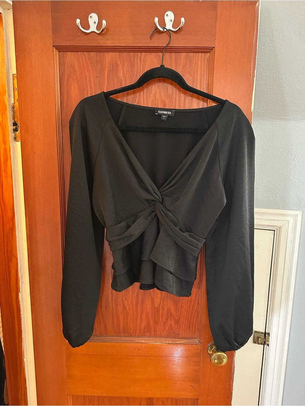 Express Black Twist-Front Peplum Long-Sleeve Top